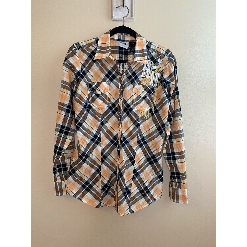 Harley Davidson Women’s Orange Black Plaid Graphic HD Logo Long Sleeve Shirt M